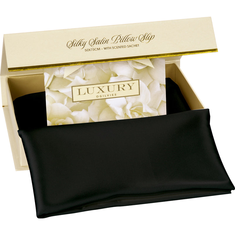 Silky Satin Pillow Slip with Scented Sachet - Black